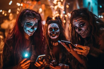 Wall Mural - A group of people with face paint on, engrossed in their cell phones. This image can be used to depict the modern obsession with technology and the impact it has on social interactions.