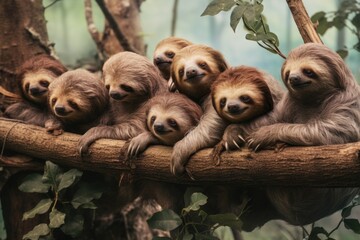 Aufkleber - A group of sloths hanging from a tree branch. This image captures the natural behavior of sloths and their relaxed demeanor. Perfect for nature and wildlife enthusiasts, as well as educational materia