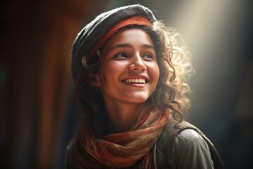 Poster - A young woman wearing a hat and scarf smiles warmly. This picture can be used to depict happiness, winter fashion, or outdoor activities.