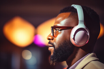 Poster - A picture of a man with a beard wearing a pair of headphones. This image can be used to depict a music lover, a podcast listener, or someone enjoying their favorite audio content.