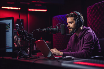 Poster - A man is sitting in front of a laptop, wearing headphones. This picture can be used to illustrate concepts related to technology, remote work, online communication, or multimedia.