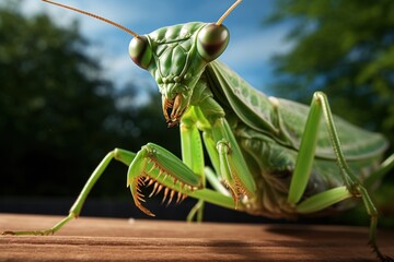 Aufkleber - A close-up view of a praying mantis on a wooden surface. This image captures the intricate details of the mantis and the texture of the wood. Ideal for nature enthusiasts and educational materials.