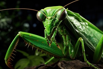 Aufkleber - A detailed close up of a praying mantisce on a rock. This image can be used to showcase the intricate details of insects and their natural habitats.