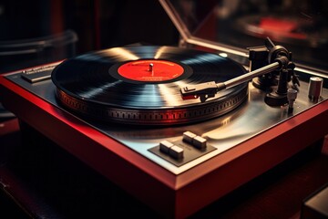 Poster - A record player placed on top of a turntable. This image can be used to depict music, vinyl records, nostalgia, or vintage technology.