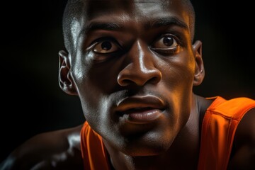 Poster - A close-up photograph of a man wearing an orange shirt. This image can be used in various projects and designs.