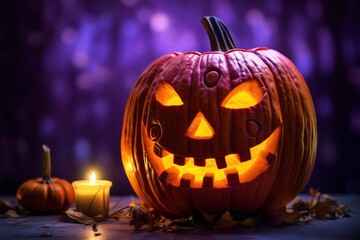 Poster - A carved pumpkin with a lit candle in the background. This image can be used for Halloween-themed designs and decorations.