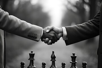 Poster - Two men shaking hands over a chess board. Suitable for business, strategy, and competition concepts.