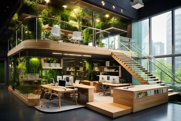 Sticker - Modern double-decker workspace with advanced technology, green wall, wooden stairs, and urban vista. Generative AI