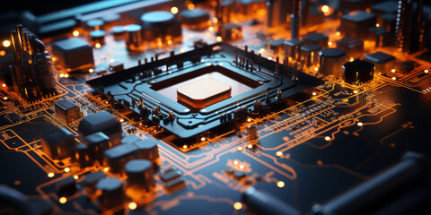 Poster - Closeup hardware background of motherboard. Circuit cpu microchip digital. Ai generative illustration