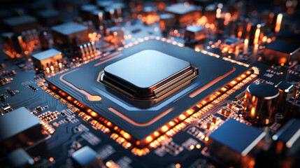 Poster - Closeup hardware background of motherboard. Circuit cpu microchip digital. Ai generative illustration