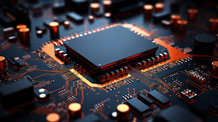 Poster - Closeup hardware background of motherboard. Circuit cpu microchip digital. Concept of technology. Ai generative illustration