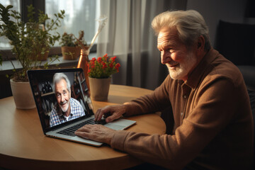 Canvas Print - An elderly person receiving a video call from family, highlighting the role of technology in maintaining connections. Generative Ai.