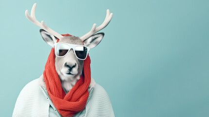 Wall Mural - White reindeer in sunglasses with red scarf on pastel blue background. Christmas or New Year minimal concept. Copy space greeting card.