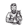 Man holding cat vector illustration. Cartoon isolated adorable sweet scene with two friends hug and cuddle, pet owner character carrying happy animal in arms, guy playing with pretty funny kitty