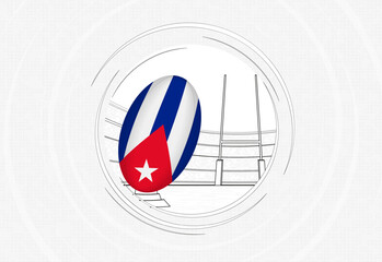 Cuba flag on rugby ball, lined circle rugby icon with ball in a crowded stadium.