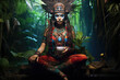 Beautiful female shaman sitting in the lotus position in the tropical forest, connecting to the divine spirit	