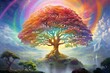 Illustration of a tree with colorful rainbow hues in a magical fantasy landscape. Generative AI