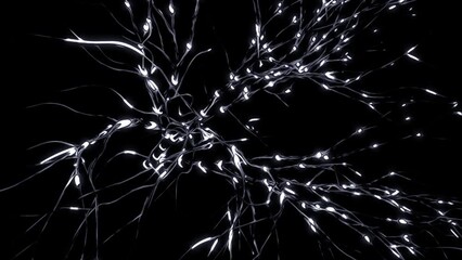 Poster - Lines of neural connections with bright impulses. Design. Network of neural lines with flashing pulses. Moving luminous pulses on lines of neurons