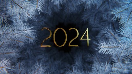 Wall Mural - new year and christmas 2024. mobile gold inscription 2024 on the background of blue christmas tree b