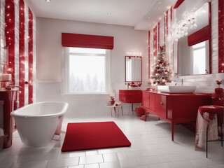 Bathroom interior in red and white colors. Winter holiday style. Generative AI