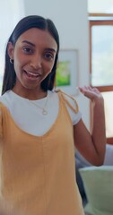 Poster - Live streaming, influencer and Indian woman in home for video of new house, apartment and property tour. Broadcast, selfie and portrait of person recording for social media, online post and vlog