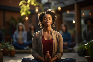 Sticker - Residents participate in a yoga session held in a serene outdoor space, finding solace and connection in the practice of wellness within their community. Generative Ai.