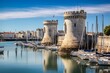 Medieval towers in La Rochelle harbor, France, on the West Atlantic coast during summer. Generative AI