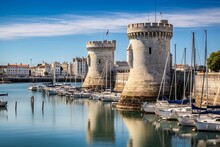 Medieval Towers In La Rochelle Harbor, France, On The West Atlantic Coast During Summer. Generative AI
