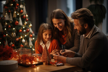 Poster - A family gathers around a beautifully decorated Christmas tree, exchanging gifts and embracing the cherished tradition of holiday morning surprises. Generative Ai.