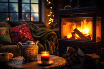 Wall Mural - A person captures the warmth of a fireplace adorned with stockings, symbolizing the anticipation of holiday treats and family togetherness. Generative Ai.