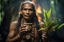 Ayahuasca Ceremony. Shaman From Peru Holding A Cup With Ayahuasca Drink In Costa Rica Yoga Centre 