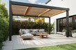 Modern patio featuring a 3D-rendered pergola on an outdoor terrace. Generative AI