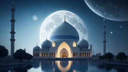 A full moon behind a very beautiful mosque Ai Generated