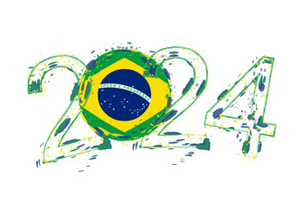 Wall Mural - 2024 Year in grunge style with flag of Brazil.