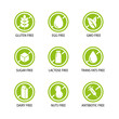 Gmo free, sugar, dairy, lactose, antibiotic, gluten free icon set. Set of allergen signs. Green dietary food symbol. vector illustration.