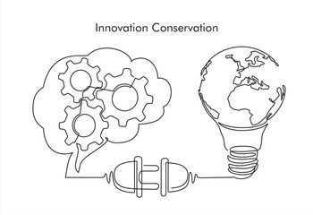 Wall Mural - Earth globe inside lightbulb  thoughts  in a man's head  in one continuous line drawing. Vector Concept of Eco innovation, idea of green energy and global solution with electricity in simple doodle