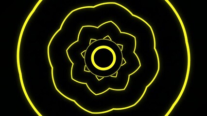 Poster - Bright lines of hypnotic floral pattern with circles. Design. Simple circles moving in flow of hypnotic pattern. Pulsating pattern with flower rings in stream on black background