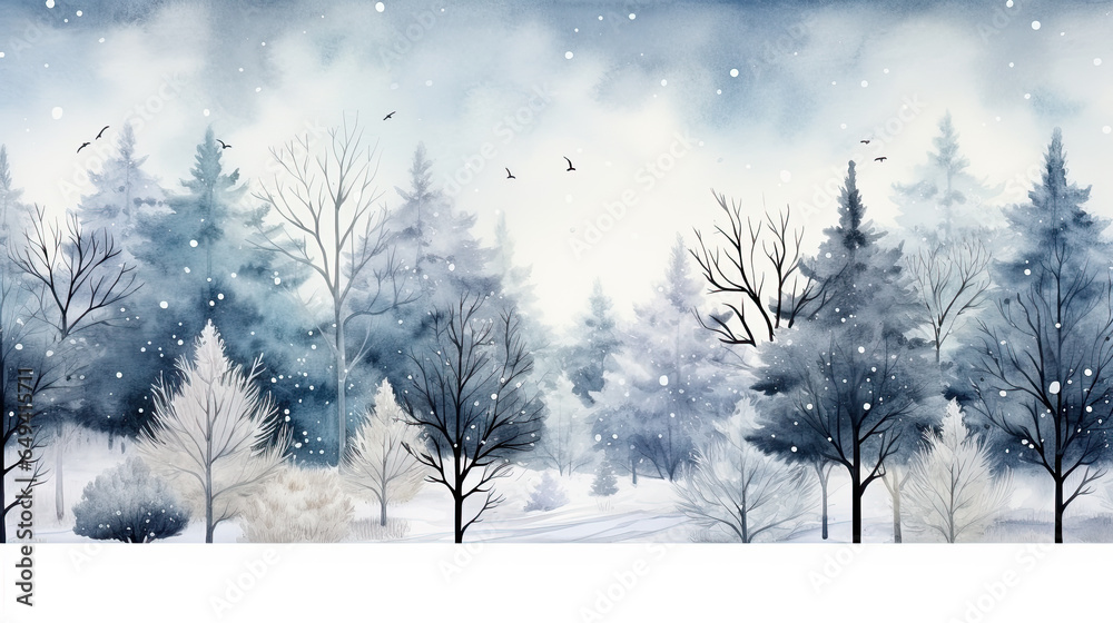 Watercolor winter pine tree forest background. Conifer spruce trees ...