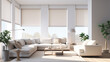 Interior roller blinds are installed in the living room, featuring white colored roller shades on the windows. Within the same room, there are also a houseplant and a sofa present.ai generative