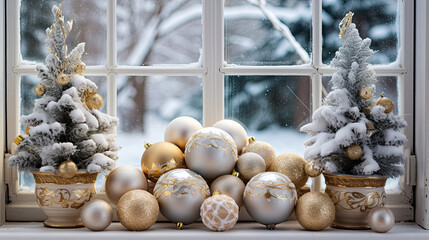 Poster - Christmas white decorations on snow with fir tree branches and christmas lights. Winter Decoration Background