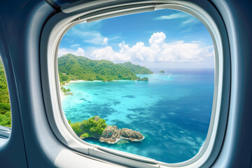 Wall Mural - Through the window of a flight, a mesmerizing landscape unfolds crystalline blue waters, a serene beach, and an island embraced by the expanse of sea and sky.