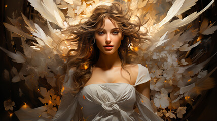 Poster - portrait of beautiful woman with angel wings in white