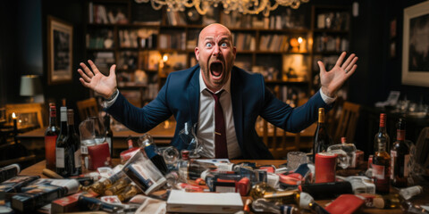 Poster - A man in a suit and tie sitting at a messy table with many bottles of wine, AI