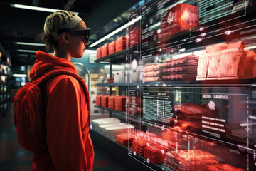 Poster - a futuristic concept of shopping using augmented reality glasses, overlaying product information and