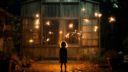 Wall Mural - young girl in a dark park with a sparkler at night