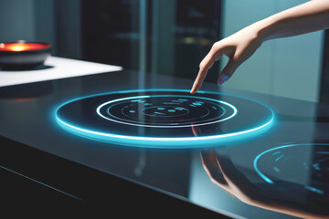 A hand touching a black induction stove cooktop in a modern kitchen, highlighting its hot and efficient household cooking capability.