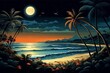 Vintage night beach landscape with glowing full moon, birds, trees, and plants. Generative AI