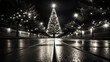 Low angle shot - black and white - mono chrome - Christmas tree on the town square - futuristic  - white lights 