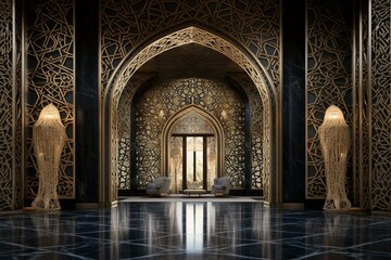 Sticker - Gleaming intricate entryway adorned with Islamic geometric patterns. Generative AI