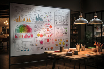 Poster - An office whiteboard covered in charts and diagrams, symbolizing strategic planning and business strategy. Generative Ai.